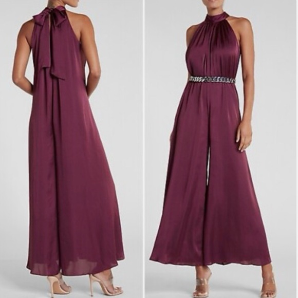 EXPRESS NWT Women's L Plum Purple Satin Mock Neck Wide Leg Jumpsuit - Picture 2 of 5